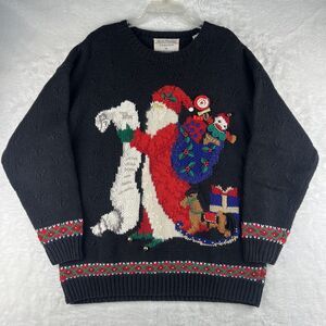 Vintage Marisa Christina Medium Sweater Santa Hand Knit Beaded Christmas Black